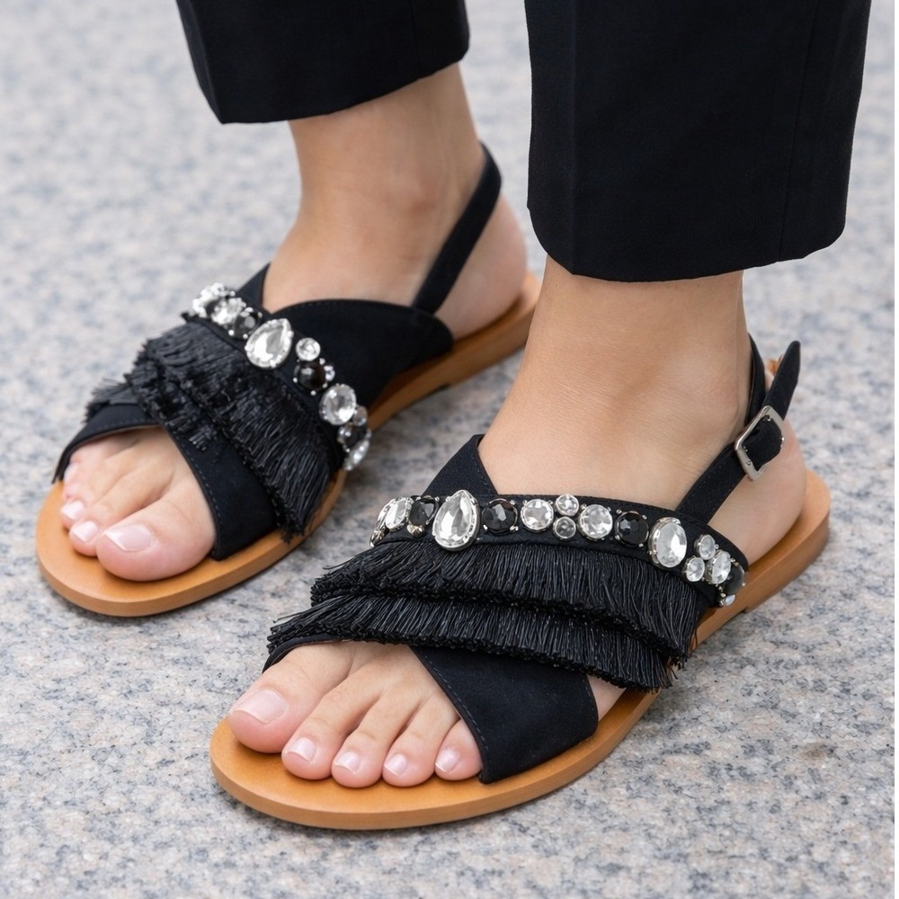 Vince Camuto Ampella Black Suede Fringe Crystal Embellished Sandals NEW